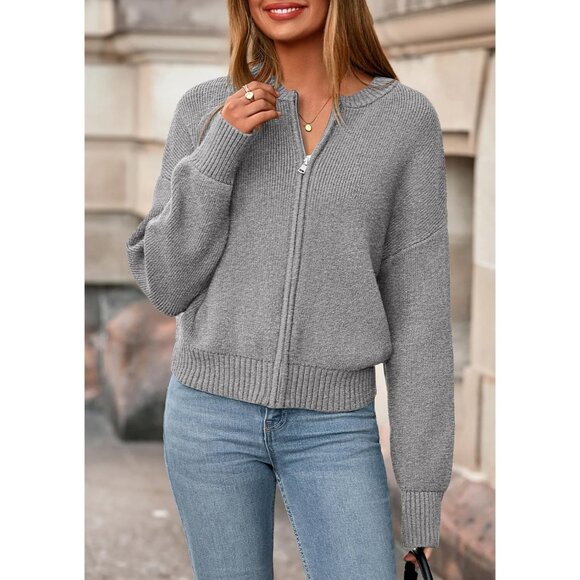 Women's Cropped Cardigan Sweaters Fall Open Front Long Sleeve Ribbed Knit Zipper - Picture 6 of 8